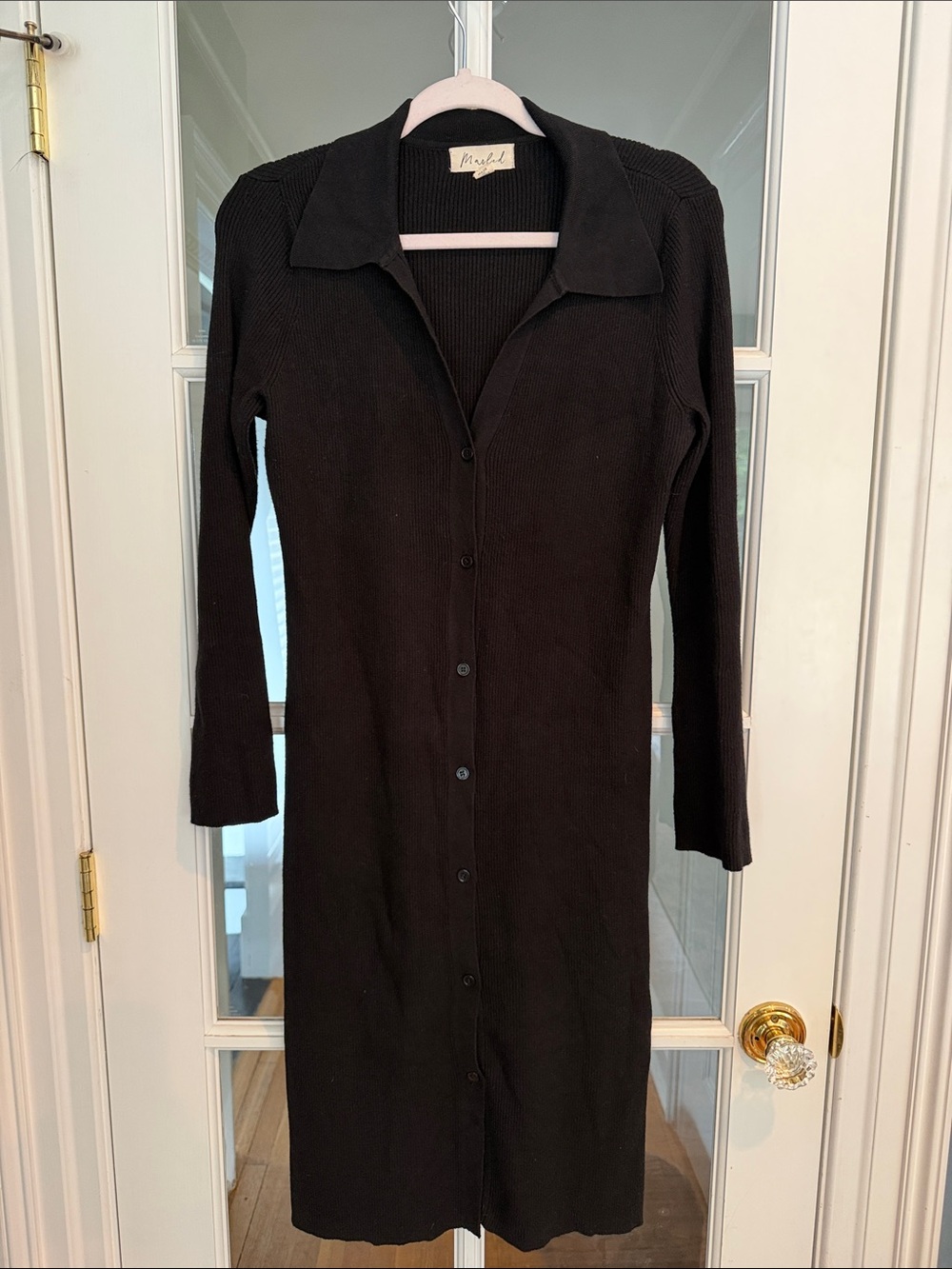 Black Ribbed Button-Down Knit Dress